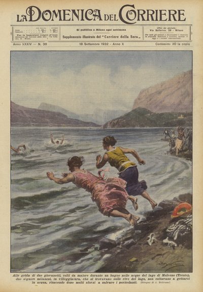 At the Cries of Two Young Men, Stricken by Illness While Bathing in the Waters of Lake Molveno... by Achille Beltrame
