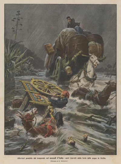 Floods Caused by the Storm in Southern Italy, Carts Swept Away by the Fury of the Waters in Sicily by Achille Beltrame