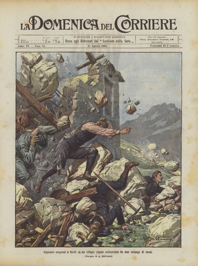 Mountaineers Surprised and Injured in an Alpine Refuge Crushed by a Rock Avalanche by Achille Beltrame