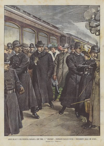 Arrival of Maestro and Orchestra Mascagni in New York, Policemen Protect Mascagni by Achille Beltrame