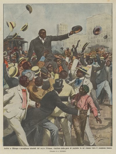 Arrival in Chicago and triumphant welcome of the black Johnson, winner of the boxing match by Achille Beltrame