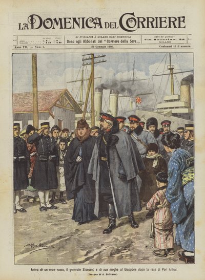 Arrival of a Russian hero, General Stoessel, and his wife in Japan after the surrender of Port Arthur by Achille Beltrame