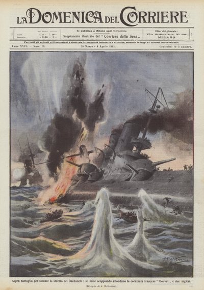 Fierce battle to force the Dardanelles strait, mines exploding sink the battleship by Achille Beltrame