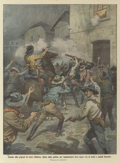 Assault on the Cairo (Illinois) prisons, defended by the police, to seize a guilty black man by Achille Beltrame
