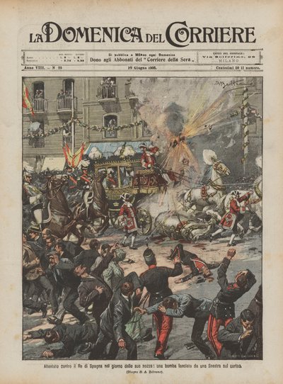Attempt against the King of Spain on his wedding day, a bomb thrown from a window at the procession by Achille Beltrame