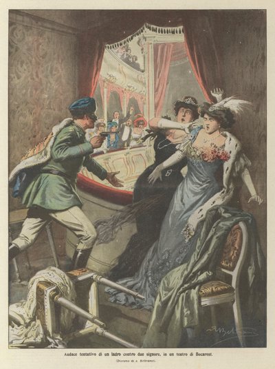 Audacious Attempt by a Thief Against Two Ladies in a Theater in Bucharest by Achille Beltrame