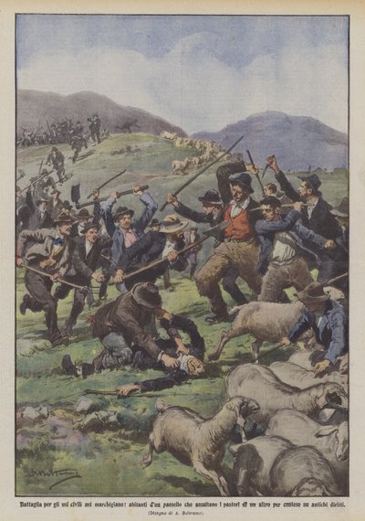 Battle for Civil Uses in the Marche Region, Inhabitants of a Village Attack Shepherds by Achille Beltrame