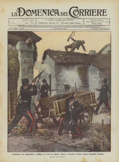 Carabinieri Surprise and Shoot a Goat Herder, Feared and Wanted Murderer, on the Roofs Near Partanna (Trapani) by Achille Beltrame