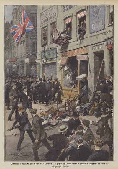 Moved and outraged by the end of the Lusitania, the people of London attack and devastate German properties by Achille Beltrame