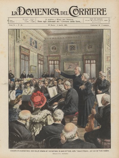 Concert of former opera artists, all between eighty and ninety years old, in honor of Verdi by Achille Beltrame