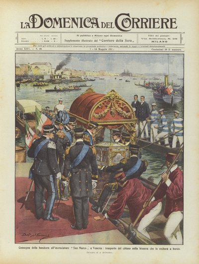 Flag Presentation to the Cruiser San Marco in Venice: Transport of the Chest in the Bissona by Achille Beltrame