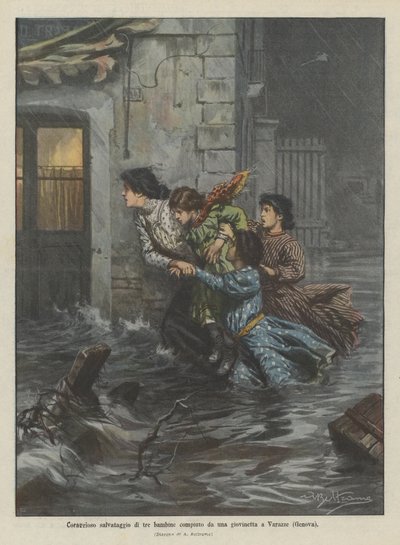 Courageous Rescue of Three Girls by a Young Woman in Varazze (Genoa) by Achille Beltrame