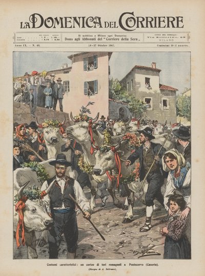Characteristic Costumes, a Parade of Romagna Bulls in Pontecorvo (Caserta) by Achille Beltrame