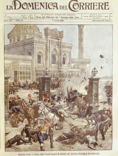 Cover illustration of assassination attempt against Sultan Abdul Hamid at Constantinople by Achille Beltrame