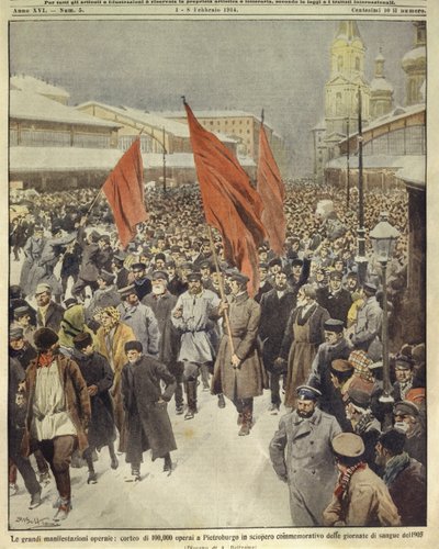 Cover Illustration of One Hundred Thousand Workers Marching to Commemorate Bloody Sunday of 1905, Saint Petersburg, Russia by Achille Beltrame