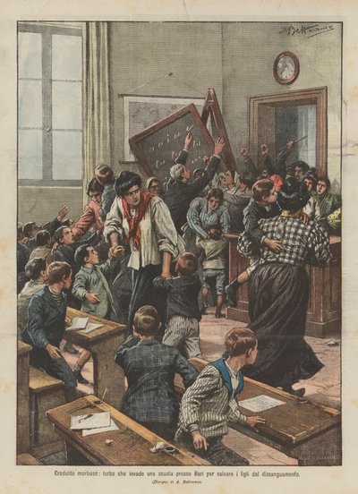 Morbid credulity, crowd invades a school near Bari to save children from bleeding by Achille Beltrame