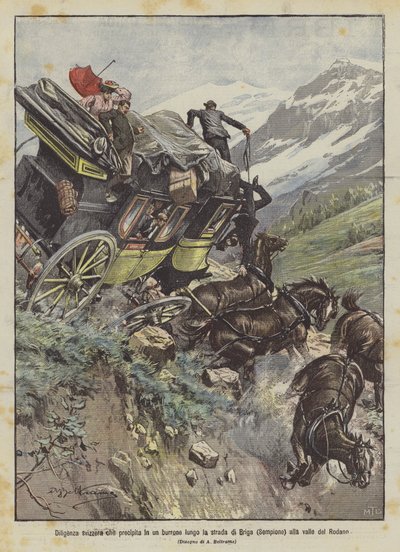 Swiss Stagecoach Plunges into a Ravine Along the Road from Brig (Simplon) to the Rhone Valley by Achille Beltrame