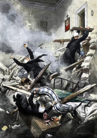 Disaster in a building in Genoa: good sisters disappeared in the collapse of two apartments. Illustration of Beltrame in La Domenica del Corriere 04/1914 by Achille Beltrame
