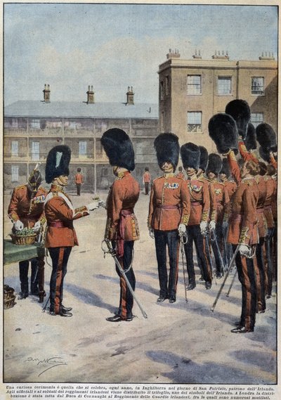 Distribution of clover for Saint Patrick (Patron of Ireland) by Irish regiments, England - drawing by A. Beltrame, in 