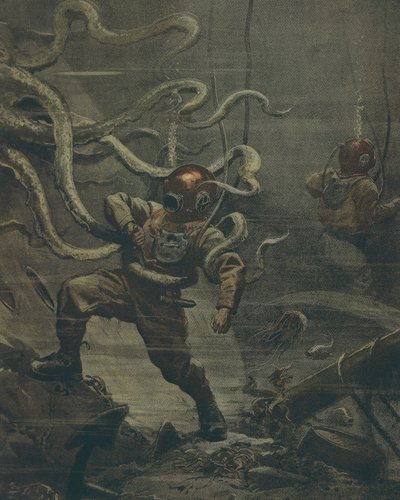 Diver being attacked by giant octopus during dive, by Achille Beltrame, illustration, from La Domenica del Corriere, 25th October 1908 by Achille Beltrame