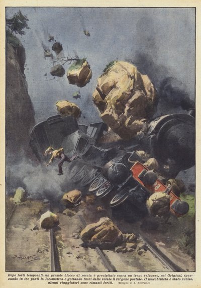 After heavy storms, a large rock fell on a Swiss train by Achille Beltrame