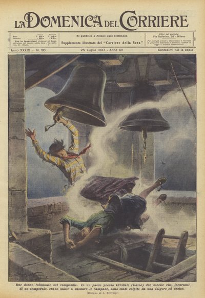 Two women struck by lightning on the bell tower by Achille Beltrame
