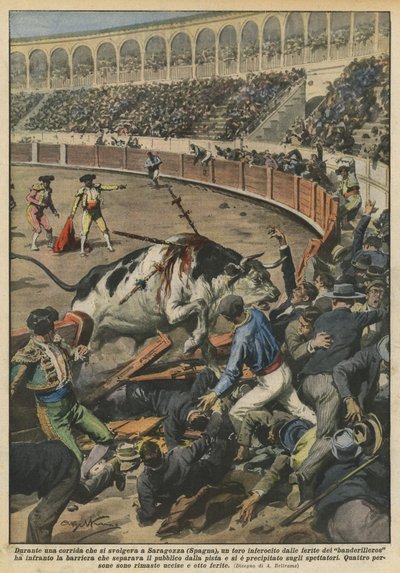During a Bullfight in Zaragoza (Spain), an Enraged Bull from the Wounds of? by Achille Beltrame
