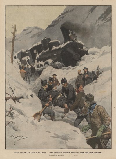 Huge snowfalls in Friuli and Cadore, train hit and blocked by snow on the Pontebba line by Achille Beltrame