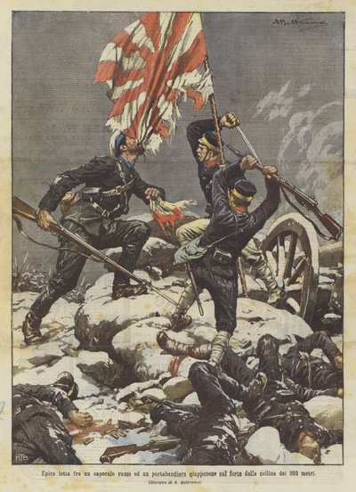 Epic struggle between a Russian corporal and a Japanese flag bearer on the fort of the 203-meter hill by Achille Beltrame