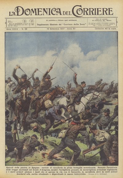 Episodes of the war in Spain, cavalry charges in full motorized battle by Achille Beltrame
