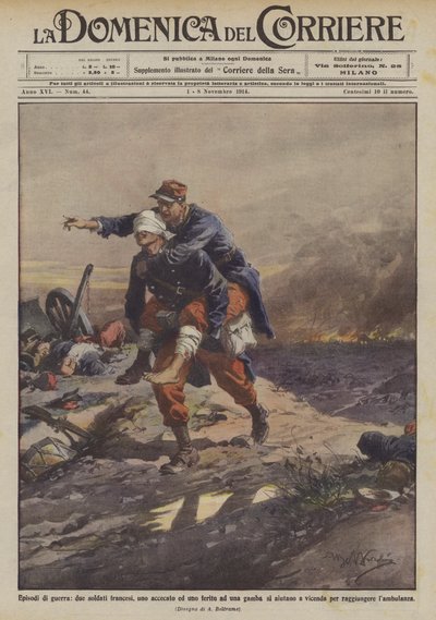 War Episodes, Two French Soldiers, One Blinded and One Wounded in the Leg, Helping Each Other by Achille Beltrame