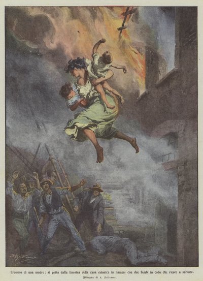 Heroism of a Mother, She Jumps from the Window of the Burning Farmhouse with Two Children in Her Arms by Achille Beltrame