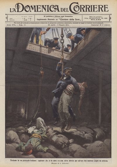 Heroism on an Italian Steamer, Captain Lowers Himself into an Infected Hold to Save Two by Achille Beltrame