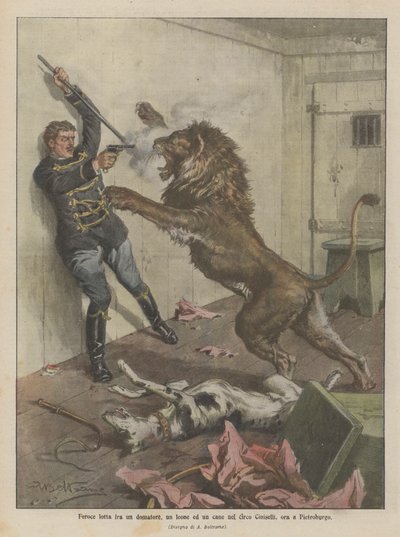 Fierce Fight Between a Tamer, a Lion, and a Dog in the Ciniselli Circus, Now in St. Petersburg by Achille Beltrame