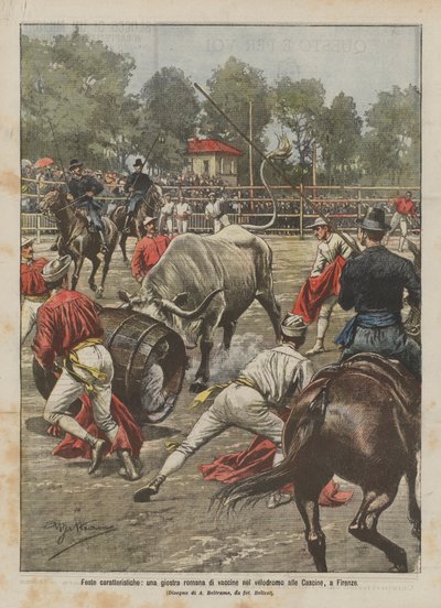 Characteristic festivals, a Roman joust of cows at the velodrome in the Cascine, Florence by Achille Beltrame