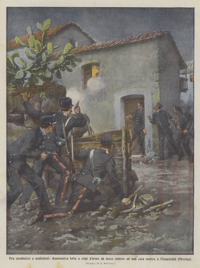 Between Carabinieri and Criminals: Dramatic Gunfight Around a Rustic House by Achille Beltrame
