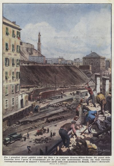 Among the Grand Public Works Desired by the Duce is the Genoa-Milan-Turin Highway by Achille Beltrame