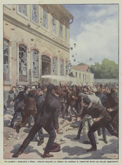 Between socialists and syndicalists in Milan, striking telegraph messengers assault the Chamber by Achille Beltrame