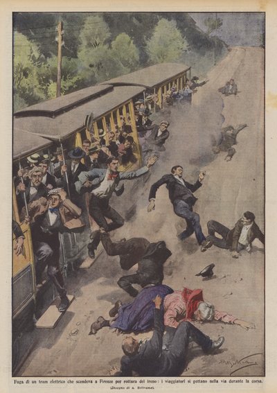 Runaway Electric Tram Descending in Florence Due to Brake Failure, Passengers Jump by Achille Beltrame