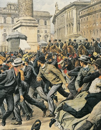 General workers strike in Rome, by Achille Beltrame, illustration, from La Domenica del Corriere by Achille Beltrame