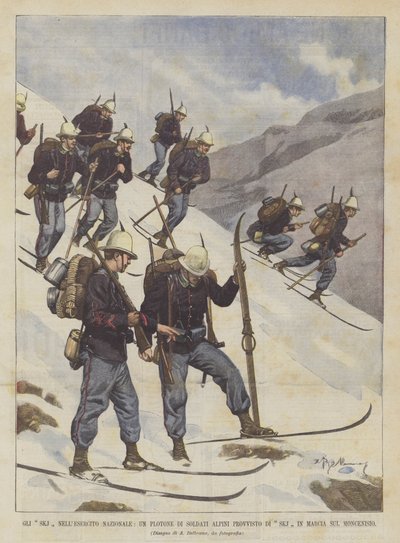The SKJ in the National Army, A Platoon of Alpine Soldiers Equipped with SKJ Marching on Mont Cenis by Achille Beltrame
