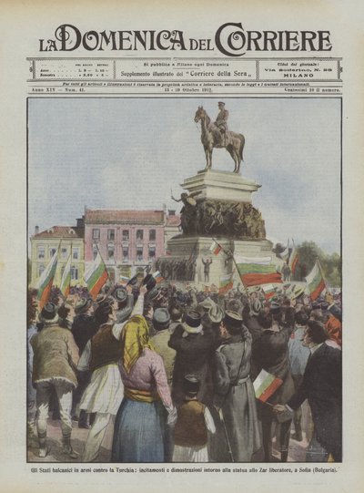 The Balkan states in arms against Turkey, incitements and demonstrations around the statue by Achille Beltrame