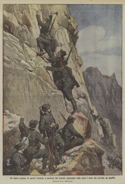 The Alpini Climb the Vertical Walls Northeast of Cauriol, Planting Irons in the Rocks to Serve as Steps by Achille Beltrame