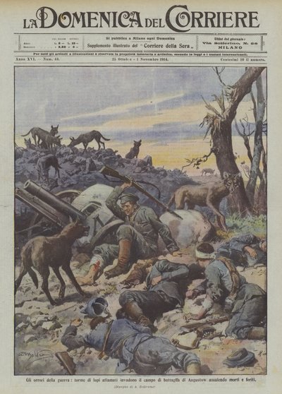 Horrors of War, Packs of Hungry Wolves Invade the Battlefield of Augustow Attacking the Dead and Wounded by Achille Beltrame
