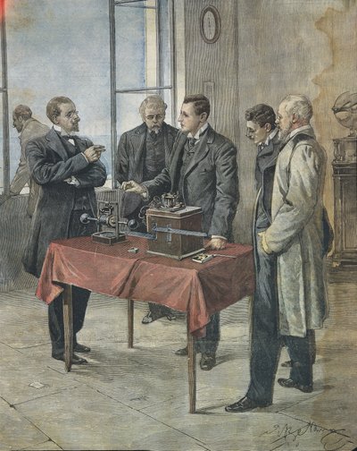 Guglielmo Marconi testing the wireless telegraphy across the English Channel, illustration from La Domenica del Corriere, April 22 by Achille Beltrame