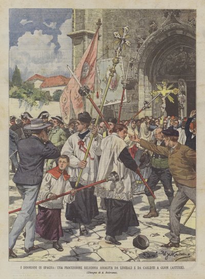 The Disorders in Spain, A Religious Procession Attacked by Liberals and Carlists in Gijon (Asturias) by Achille Beltrame