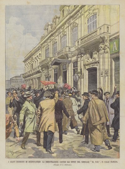 The Serious Disorders in Buenos Aires, The Demonstration Against the Offices of the Newspaper El Pais, in Calle Florida by Achille Beltrame
