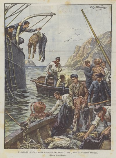 Divers Bring Up the Bodies from the Liban Steamer Wrecked Near Marseille by Achille Beltrame