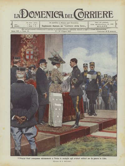 The Royal Princes solemnly deliver medals to military aviators for the war in Libya in Turin by Achille Beltrame