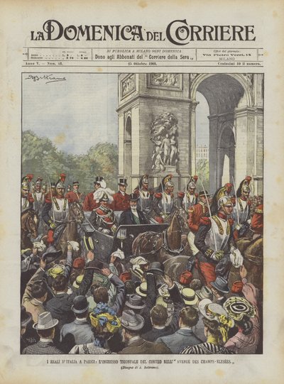 The Italian Royals in Paris, The Triumphal Entry of the Procession into the Avenue des Champs-Elysees by Achille Beltrame